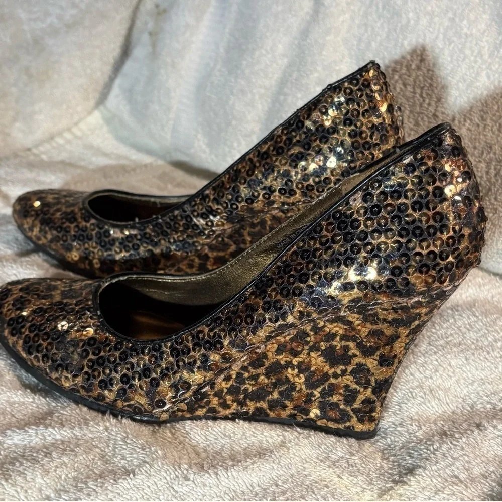 Chic Brown and Black Wedge Heels with Sequined Glamour